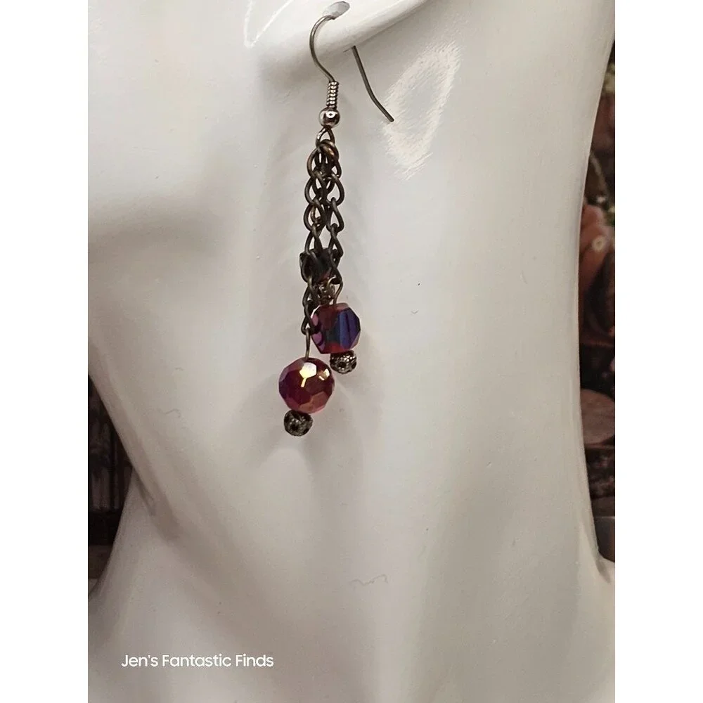 Swarovski AB Red & Silver Beaded Dangle Earrings Silver Hook‎ Back